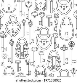 The seamless pattern with  outline retro keys and locks. 