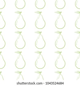 Seamless pattern of outline ripe pears with a leaf on a white background. Design for textiles, banners, labels. Vector illustration.