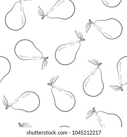 Seamless pattern of outline ripe pears with a leaf on a white background. Design for textiles, banners, labels. Vector illustration.