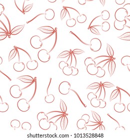 Seamless pattern from outline ripe red berries of a cherry with leaves on a white background. Design for textiles, banners, posters, labels. Vector illustration.
