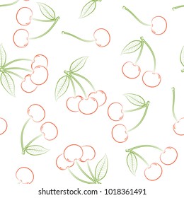 Seamless pattern from outline ripe red berries of a cherry with green leaves on a white background. Design for textiles, banners, posters, labels. Vector illustration.