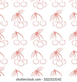 Seamless pattern from outline ripe red berries of a cherry with leaves on a white background. Design for textiles, banners, posters, labels. Vector illustration.