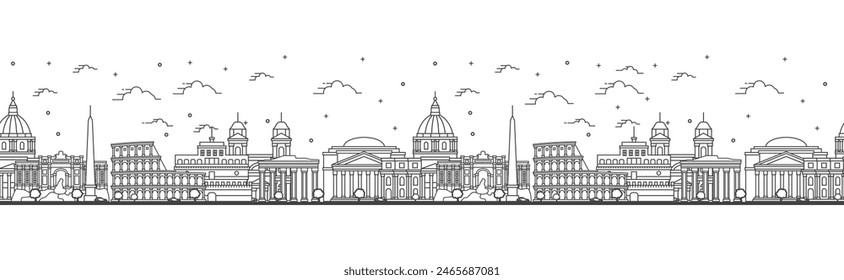 Seamless pattern with outline Rome Italy City Skyline. Historic Buildings Isolated on White. Vector Illustration. Rome Cityscape with Landmarks.