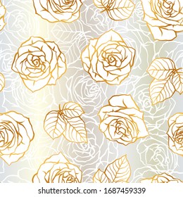 Patrón transparente con rosas de contorno. Hermosas flores y hojas realistas.