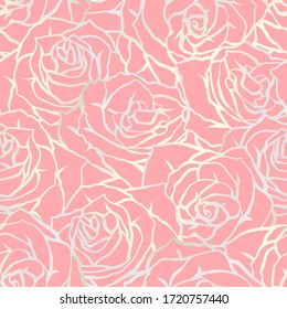 Seamless pattern with outline roses. Beautiful realistic flowers and buds.