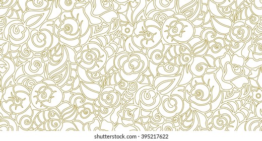 Seamless pattern with outline roses, buds and leaves. For coloring, fabrics, wallpaper. Zentangle style. Line art.