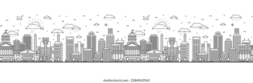 Seamless pattern with Outline Sacramento California city skyline with modern and historic buildings isolated on white. Vector illustration. Sacramento USA cityscape with landmarks.