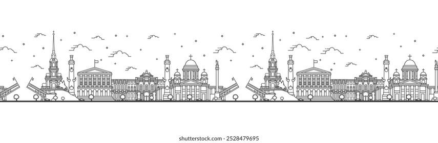 Nahtloses Muster mit Umriss Sankt Petersburg Russland Stadt Skyline mit historischen Gebäuden isoliert auf Weiß. Vektorgrafik. Sankt Petersburg Stadtlandschaft mit Sehenswürdigkeiten.