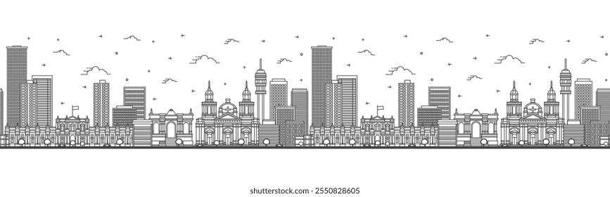 Padrão contínuo com contorno Santiago Chile City Skyline com edifícios modernos e históricos isolados em branco. Ilustração de vetor. Paisagem da cidade de Santiago com marcos.