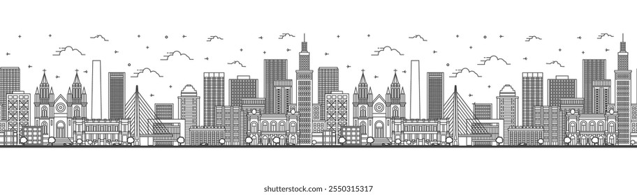 Padrão contínuo com contorno São Paulo Brasil City Skyline com edifícios modernos isolados em branco. Ilustração de vetor. Paisagem urbana de São Paulo com Marcos.