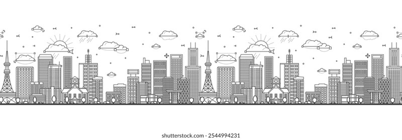 Padrão contínuo com contorno do horizonte da cidade de Sapporo Japão com edifícios modernos e históricos isolados em branco. Ilustração vetorial. Paisagem urbana de Sapporo com pontos de referência.