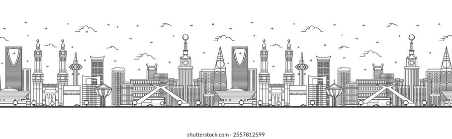 Seamless pattern with Outline Saudi Arabia City Skyline with Historic and Modern Buildings Isolated on White. Vector Illustration. Saudi Arabia Cityscape with Landmarks.