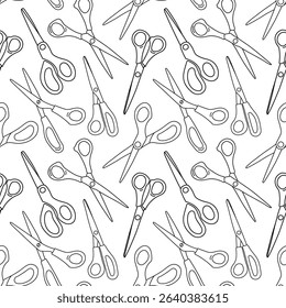 Seamless pattern of outline scissors for paper or sewing. Doodle background of hand-drawn stationery items. Vector background of sewing supplies for educational materials and Back to School theme.