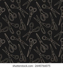 Seamless pattern of outline scissors for paper or sewing. Doodle background of hand-drawn stationery items. Vector background of sewing supplies for educational materials and Back to School theme.