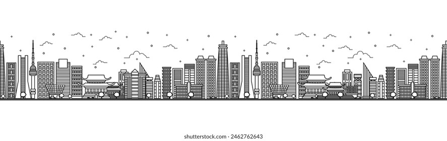 Seamless pattern with outline Seoul South Korea City Skyline. Modern Buildings Isolated on White. Vector Illustration. Seoul Cityscape with Landmarks.