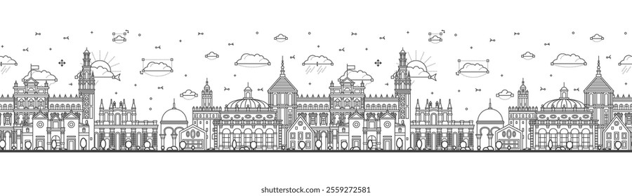 Seamless pattern with Outline Seville Spain City Skyline with Historic Buildings Isolated on White. Vector Illustration. Seville Cityscape with Landmarks.