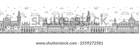 Seamless pattern with Outline Seville Spain City Skyline with Historic Buildings Isolated on White. Vector Illustration. Seville Cityscape with Landmarks.