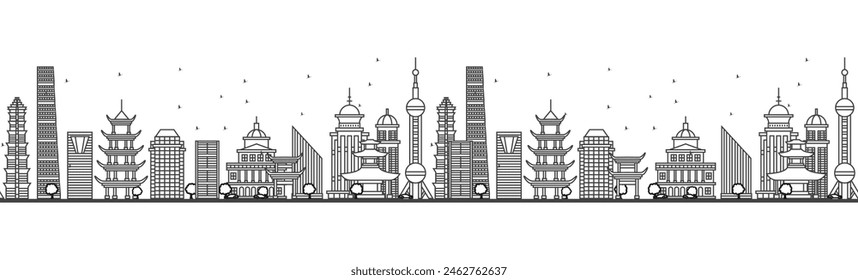 Seamless pattern with outline Shanghai China city Skyline. Modern Buildings. Vector Illustration. Shanghai cityscape with landmarks.