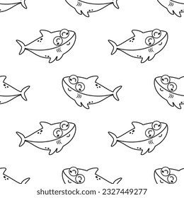 patrón transparente con tiburón de contorno en gafas, ilustración vectorial con caricatura animal marino salvaje, esbozo de vida marina con pez predador peligroso