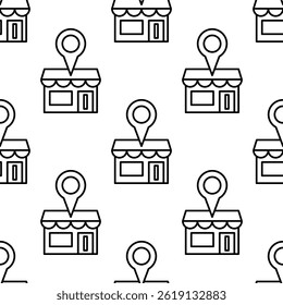 Seamless pattern of outline shop icons with map location pins. Vector illustration.