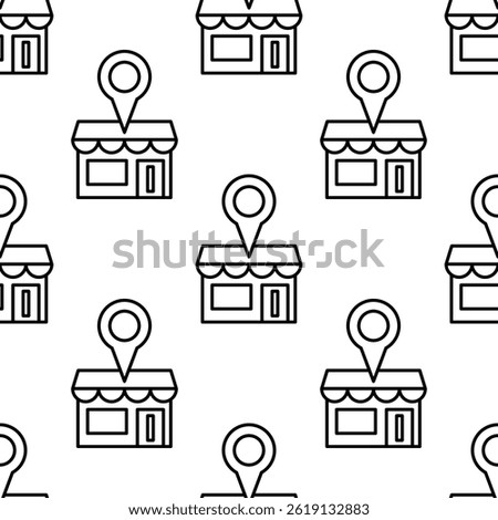Seamless pattern of outline shop icons with map location pins. Vector illustration.