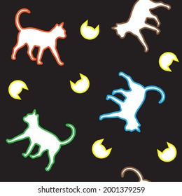Seamless pattern of outline silhouette of cats in black background. Vector illustration.