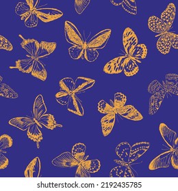 Seamless pattern of outline silhouettes various flying butterflies