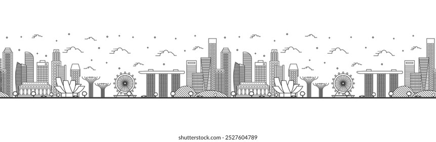 Padrão contínuo com contorno do horizonte da cidade de Singapura com edifícios modernos isolados em branco. Ilustração de vetor. Cingapura com pontos de referência. 