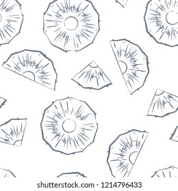 Seamless pattern from outline sliced ​​pineapple pieces on a white background. Design for textiles, wrapping, poster. Vector illustration.
