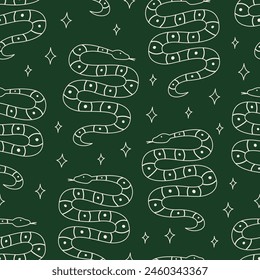 Seamless pattern with outline snakes and stars. Bohemian vector background