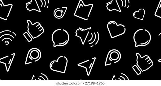 Patrón sin fisuras de iconos de redes sociales de contorno sobre fondo negro, ideal para interfaz de usuario App, marca digital, Diseño web, fondos y embalaje tecnológico. Ilustración vectorial