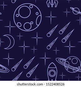 Seamless pattern of outline space icon planet spaceship, asteroid and others flat vector illustration on dark background