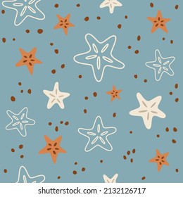 Seamless pattern with outline starfish on dusty blue background. Sea digital background with vector hand drawn elements. Seamless pattern for kids fabric, textile and scrapbook paper.