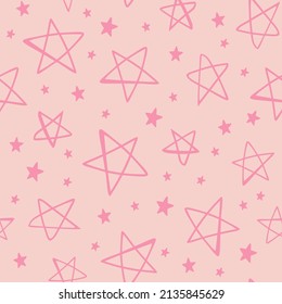 Seamless pattern with outline stars on light pink background. Geometric digital background with vector hand drawn elements. Seamless pattern for kids fabric, textile and scrapbook paper.