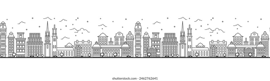 Seamless pattern with outline Stockholm Sweden City Skyline. Historic Buildings Isolated on White. Vector Illustration. Stockholm Cityscape with Landmarks.