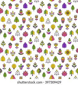 Seamless pattern with outline stroke icons with tress, leaves and flowers. Vector illustration for your cute design.