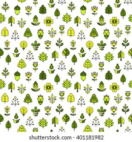 Seamless pattern with outline stroke icons with tress, leaves and flowers. Vector illustration for your cute design.