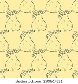 Seamless pattern with outline stroke pear on yellow background. Line hand drawing. Vector illustration