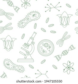 Seamless pattern outline style Biology science icons courses online education concept or school lesson vector illustration on white background