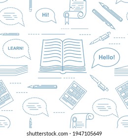 Seamless pattern outline style English language courses icons online education concept or translation service vector illustration on white background