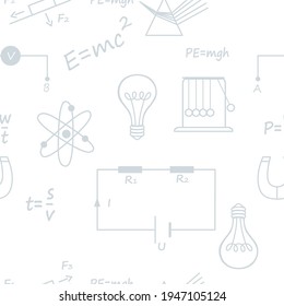 Seamless pattern outline style Physics science icons courses online education concept or school lesson vector illustration on white background