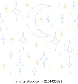 Seamless pattern of outline style sky and space objects moon and stars vector illustration on white background