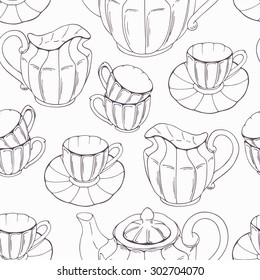 Seamless pattern with outline style tea service and leaves. Vector illustration. Kitchen background in black and white