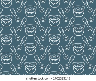 Seamless pattern with outline style white plastic buckets with a handle and flower drawing and children's shovels. Blue background, vector. Decoration for wrapper and textile.