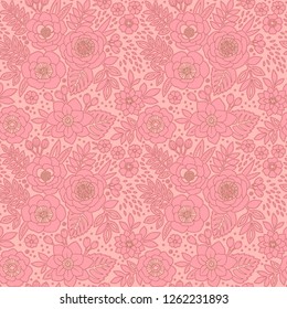 Seamless pattern with outline of stylized flowers. Beautiful monochrome floral background. Can be used for textiles, book covers, packaging, wedding invitations. Vector hand drawn illustration.