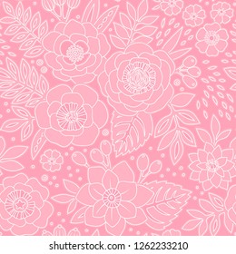 Seamless pattern with outline of stylized flowers. Beautiful monochrome floral background. Can be used for textiles, book covers, packaging, wedding invitations. Vector hand drawn illustration.