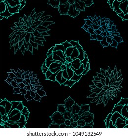 Seamless pattern of outline succulents on black background. Flowers in the desert. Vector illustration. Perfect for printing on fabric, paper for scrapbooking, gift wrap and wallpapers.