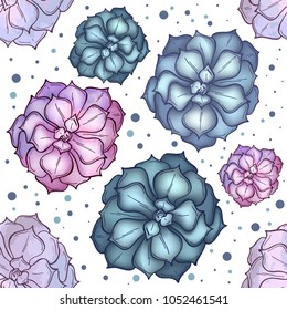 Seamless pattern of outline succulents on white background. Flowers in the desert. Vector illustration. Perfect for printing on fabric, paper for scrapbooking, gift wrap and wallpaper.