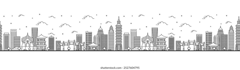 Patrón sin fisuras con el contorno del horizonte de la ciudad de Taipéi Taiwán con edificios modernos aislados en blanco. Ilustración vectorial. Paisaje urbano de Taipéi con Lugares famosos.