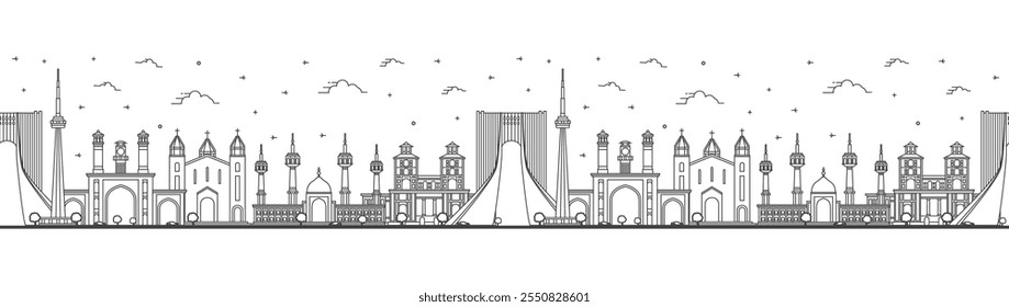 Modelo inconsútil con el horizonte de la ciudad de Teherán Irán con los edificios modernos e históricos aislados en blanco. Ilustración vectorial. Paisaje urbano de Persia de Teherán con Lugares famosos.